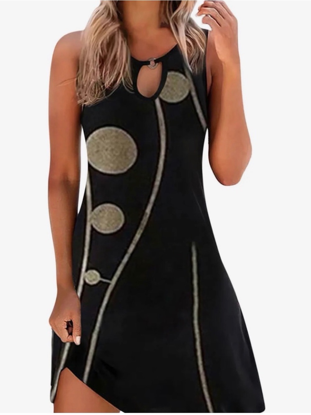 Sleeveless Black Keyhole A-Line Lightweight Beach Dress with Taupe Dot Detail